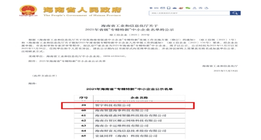 喜报！智宇科技入围2021年省级&ldquo;专精特新&rdquo;中小企业名单
